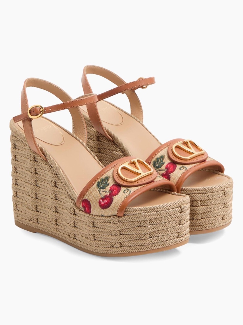 NEVER WORN Valentino Tan Leather Cherry-Embroidered Wedge Sandals with Gold Logo